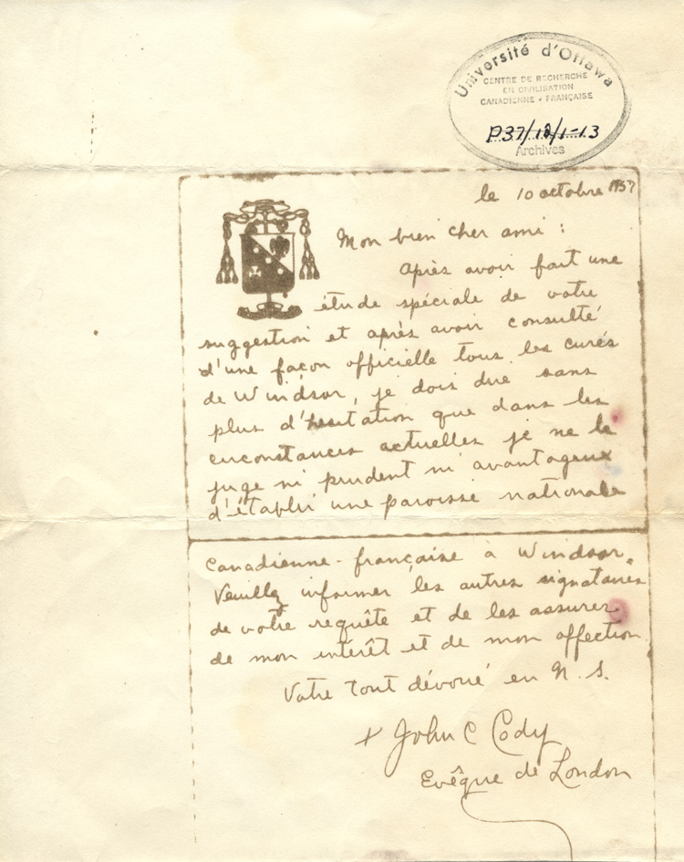 Copie de la lettre de Mgr John Cody