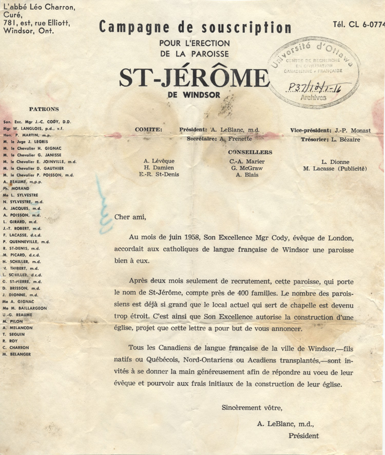 Lettre de souscription pour la construction d'une &eacute;glise