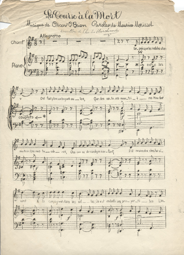 &laquo;&nbsp;La course &agrave; la mort&nbsp;&raquo;, paroles de Maurice Morisset et musique de Oscar O'Brien