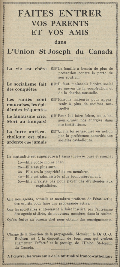 Reproduction d’une annonce publicitaire d&eacute;crivant les avantages d’&ecirc;tre membre de l’Union Saint-Joseph du Canada, parue dans Le Pr&eacute;voyant, ao&ucirc;t 1919