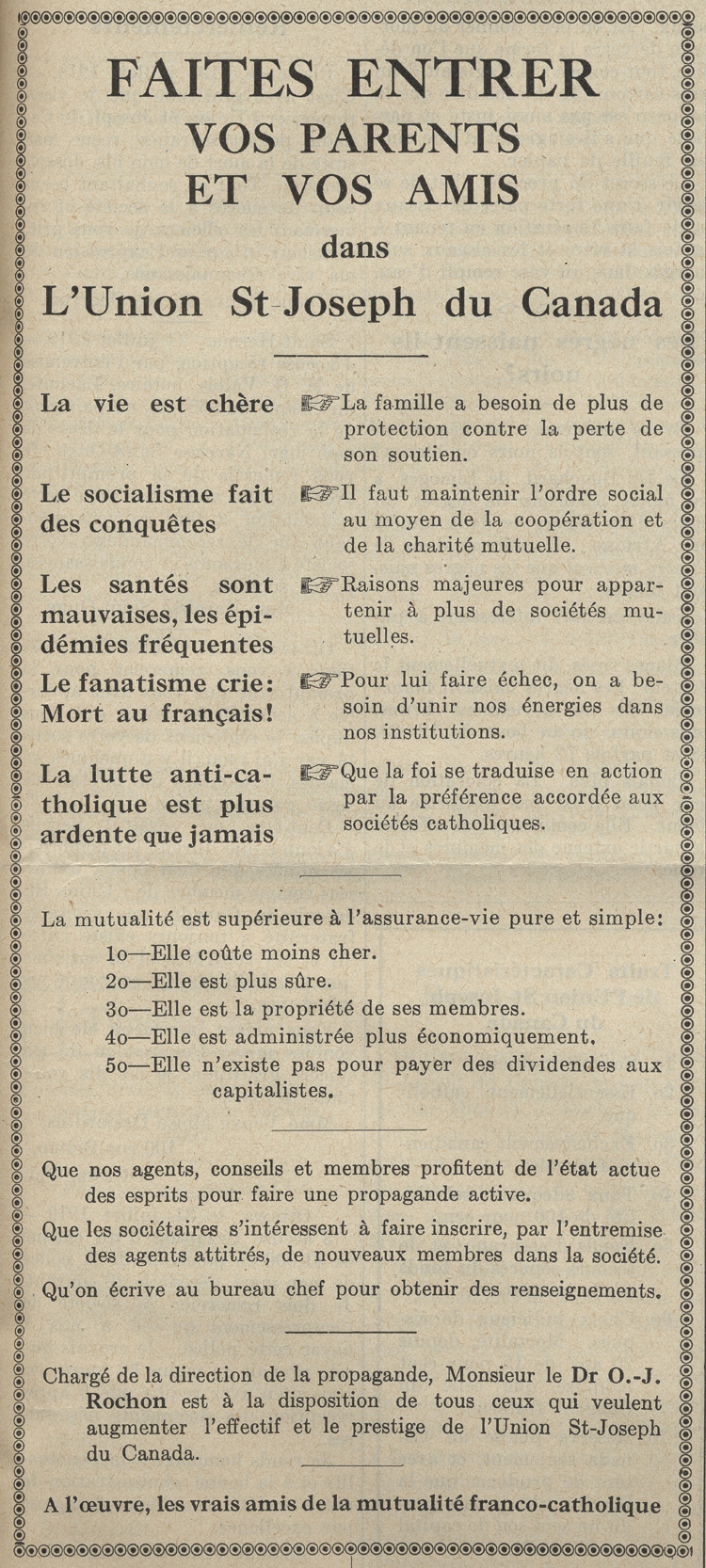Reproduction d’une annonce publicitaire d&eacute;crivant les avantages d’&ecirc;tre membre de l’Union Saint-Joseph du Canada, parue dans Le Pr&eacute;voyant, ao&ucirc;t 1919