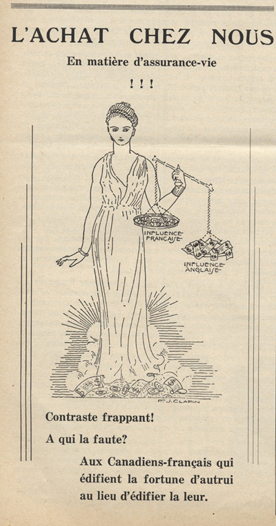 Reproduction d’une annonce publicitaire de l’Union Saint-Joseph du Canada en faveur de l’achat chez nous en mati&egrave;re d’assurance-vie, parue dans L’Union Saint-Joseph, septembre-d&eacute;cembre 1936