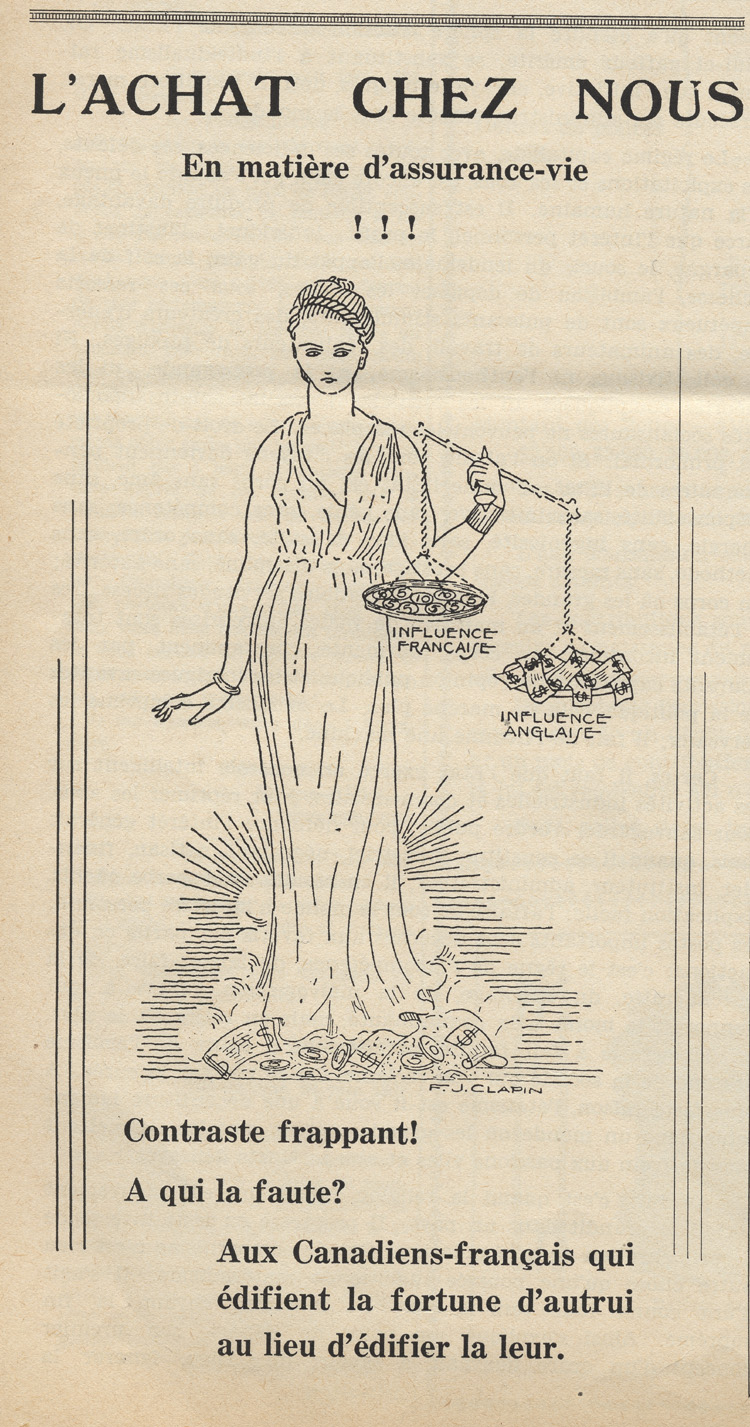 Reproduction d’une annonce publicitaire de l’Union Saint-Joseph du Canada en faveur de l’achat chez nous en mati&egrave;re d’assurance-vie, parue dans L’Union Saint-Joseph, septembre-d&eacute;cembre 1936