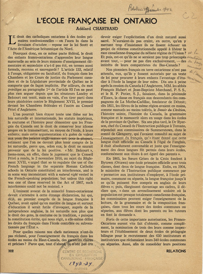 Reproduction de la trois cent vingt-deuxi&egrave;me page du num&eacute;ro d&eacute;cembre 1942 de la revue Relations, comprenant un article de Ad&eacute;lard Chartrand intitul&eacute; L’&eacute;cole fran&ccedil;aise en Ontario, 1942.