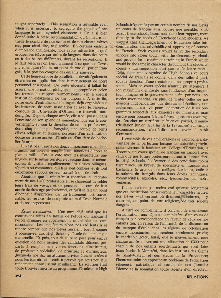 Reproduction de la trois cent vingt-quatri&egrave;me page du num&eacute;ro d&eacute;cembre 1942 de la revue Relations, comprenant un article de Ad&eacute;lard Chartrand intitul&eacute; L’&eacute;cole fran&ccedil;aise en Ontario, 1942.