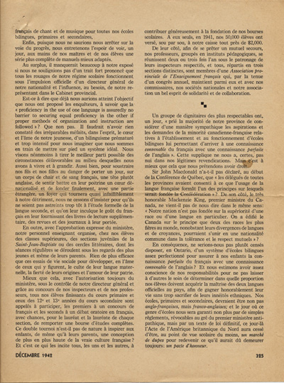 Reproduction de la trois cent vingt-cinqui&egrave;me page du num&eacute;ro d&eacute;cembre 1942 de la revue Relations, comprenant un article de Ad&eacute;lard Chartrand intitul&eacute; L’&eacute;cole fran&ccedil;aise en Ontario, 1942.