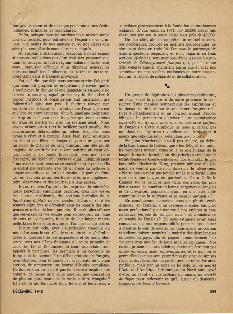 Reproduction de la trois cent vingt-cinqui&egrave;me page du num&eacute;ro d&eacute;cembre 1942 de la revue Relations, comprenant un article de Ad&eacute;lard Chartrand intitul&eacute; L’&eacute;cole fran&ccedil;aise en Ontario, 1942.