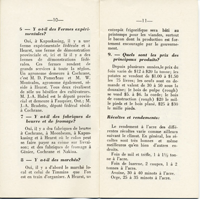 Reproduction de la dixi&egrave;me et de la onzi&egrave;me page de D&eacute;couvrons le Nord-Ontario par le r&eacute;v&eacute;rend J. Payette pr&ecirc;tre, d&eacute;crivant les r&eacute;gions de Cochrane et de Hearst, d&eacute;cembre 1939.