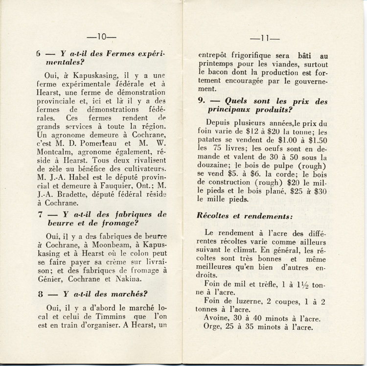 Reproduction de la dixi&egrave;me et de la onzi&egrave;me page de D&eacute;couvrons le Nord-Ontario par le r&eacute;v&eacute;rend J. Payette pr&ecirc;tre, d&eacute;crivant les r&eacute;gions de Cochrane et de Hearst, d&eacute;cembre 1939.