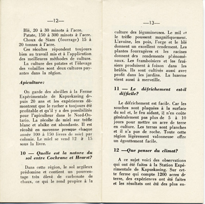 Reproduction de la douzi&egrave;me et de la treizi&egrave;me page de D&eacute;couvrons le Nord-Ontario par le r&eacute;v&eacute;rend J. Payette pr&ecirc;tre, d&eacute;crivant les r&eacute;gions de Cochrane et de Hearst, d&eacute;cembre 1939.
