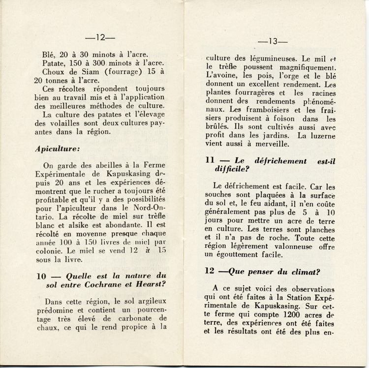 Reproduction de la douzi&egrave;me et de la treizi&egrave;me page de D&eacute;couvrons le Nord-Ontario par le r&eacute;v&eacute;rend J. Payette pr&ecirc;tre, d&eacute;crivant les r&eacute;gions de Cochrane et de Hearst, d&eacute;cembre 1939.