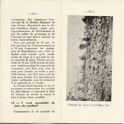 Reproduction de la quatorzi&egrave;me et de la quinzi&egrave;me page de D&eacute;couvrons le Nord-Ontario par le r&eacute;v&eacute;rend J. Payette pr&ecirc;tre, d&eacute;crivant les r&eacute;gions de Cochrane et de Hearst, d&eacute;cembre 1939.