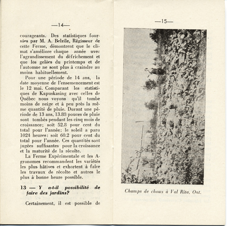Reproduction de la quatorzi&egrave;me et de la quinzi&egrave;me page de D&eacute;couvrons le Nord-Ontario par le r&eacute;v&eacute;rend J. Payette pr&ecirc;tre, d&eacute;crivant les r&eacute;gions de Cochrane et de Hearst, d&eacute;cembre 1939.