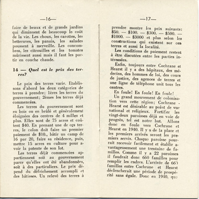 Reproduction de la seizi&egrave;me et de la dix-septi&egrave;me page de D&eacute;couvrons le Nord-Ontario par le r&eacute;v&eacute;rend J. Payette pr&ecirc;tre, d&eacute;crivant les r&eacute;gions de Cochrane et de Hearst, d&eacute;cembre 1939.