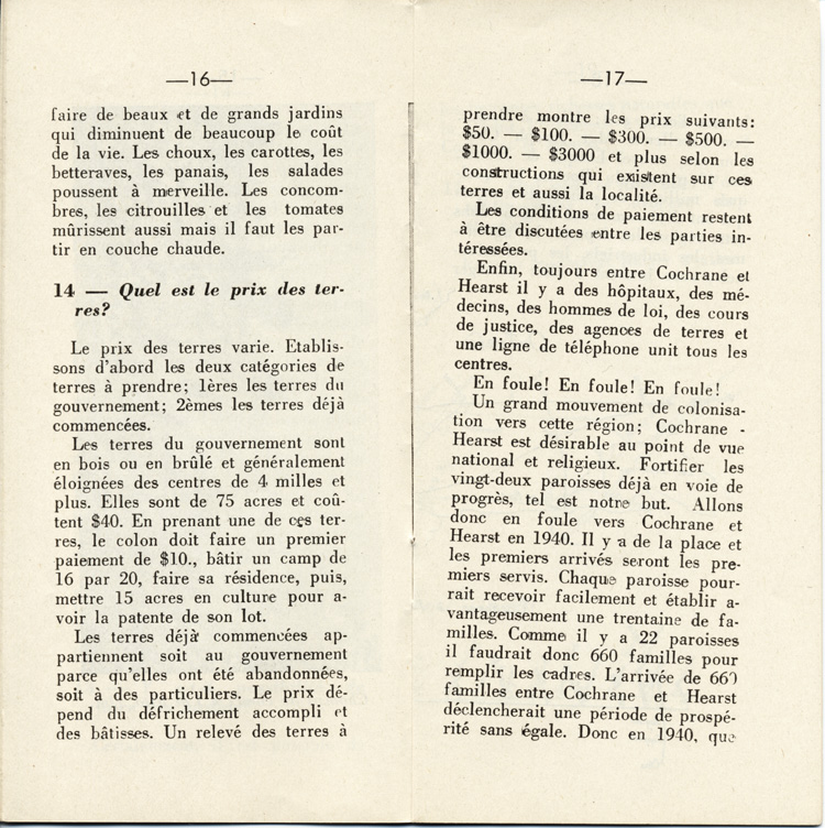 Reproduction de la seizi&egrave;me et de la dix-septi&egrave;me page de D&eacute;couvrons le Nord-Ontario par le r&eacute;v&eacute;rend J. Payette pr&ecirc;tre, d&eacute;crivant les r&eacute;gions de Cochrane et de Hearst, d&eacute;cembre 1939.