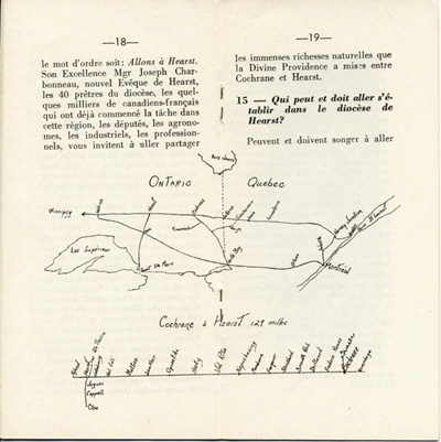 Reproduction de la dix-huiti&egrave;me et de la dix-neuvi&egrave;me page de D&eacute;couvrons le Nord-Ontario par le r&eacute;v&eacute;rend J. Payette pr&ecirc;tre, d&eacute;crivant les r&eacute;gions de Cochrane et de Hearst, d&eacute;cembre 1939.