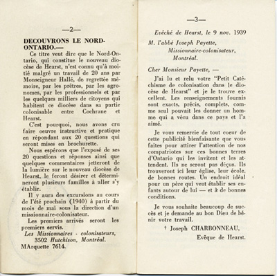 Reproduction de la deuxi&egrave;me et de la troisi&egrave;me page de D&eacute;couvrons le Nord-Ontario par le r&eacute;v&eacute;rend J. Payette pr&ecirc;tre, d&eacute;crivant les r&eacute;gions de Cochrane et de Hearst, d&eacute;cembre 1939.