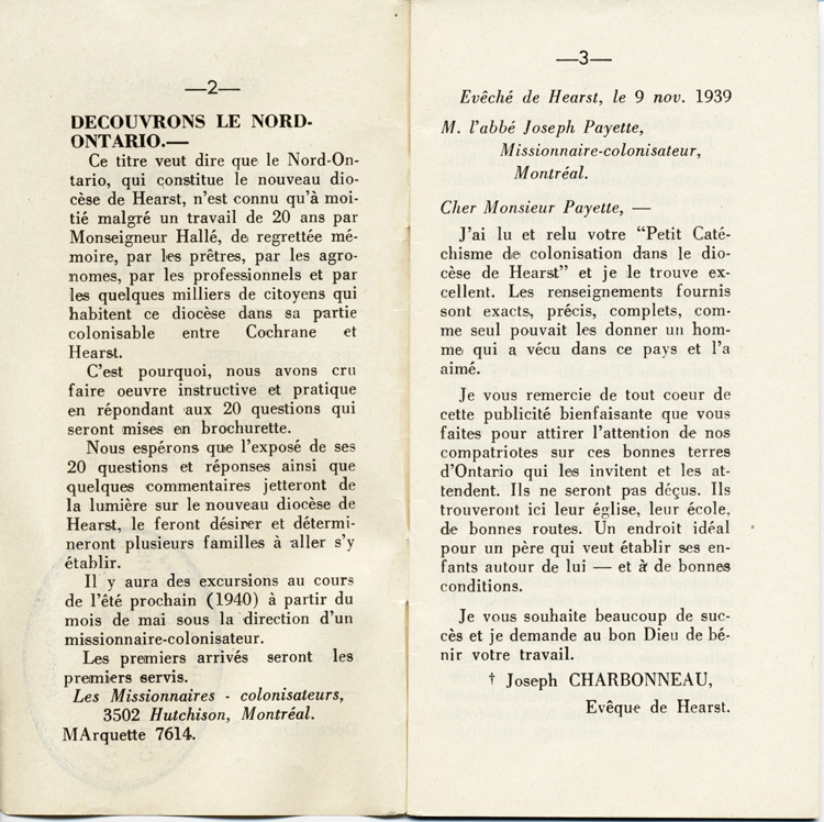 Reproduction de la deuxi&egrave;me et de la troisi&egrave;me page de D&eacute;couvrons le Nord-Ontario par le r&eacute;v&eacute;rend J. Payette pr&ecirc;tre, d&eacute;crivant les r&eacute;gions de Cochrane et de Hearst, d&eacute;cembre 1939.