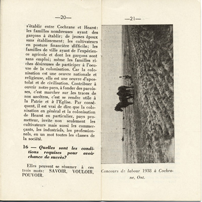 Reproduction de la vingti&egrave;me et de la vingt et uni&egrave;me page de D&eacute;couvrons le Nord-Ontario par le r&eacute;v&eacute;rend J. Payette pr&ecirc;tre, d&eacute;crivant les r&eacute;gions de Cochrane et de Hearst, d&eacute;cembre 1939.