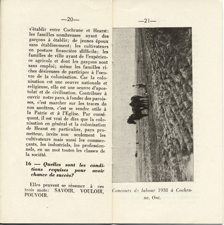 Reproduction de la vingti&egrave;me et de la vingt et uni&egrave;me page de D&eacute;couvrons le Nord-Ontario par le r&eacute;v&eacute;rend J. Payette pr&ecirc;tre, d&eacute;crivant les r&eacute;gions de Cochrane et de Hearst, d&eacute;cembre 1939.