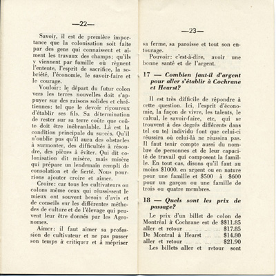 Reproduction de la vingt-deuxi&egrave;me et de la vingt-troisi&egrave;me page de D&eacute;couvrons le Nord-Ontario par le r&eacute;v&eacute;rend J. Payette pr&ecirc;tre, d&eacute;crivant les r&eacute;gions de Cochrane et de Hearst, d&eacute;cembre 1939.