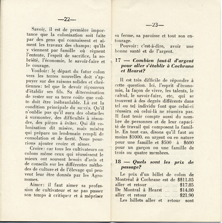 Reproduction de la vingt-deuxi&egrave;me et de la vingt-troisi&egrave;me page de D&eacute;couvrons le Nord-Ontario par le r&eacute;v&eacute;rend J. Payette pr&ecirc;tre, d&eacute;crivant les r&eacute;gions de Cochrane et de Hearst, d&eacute;cembre 1939.