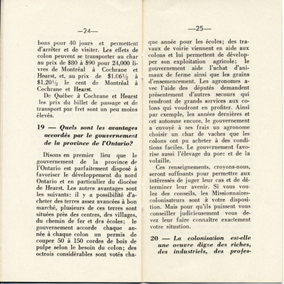 Reproduction de la vingt-quatri&egrave;me et de la vingt-cinqui&egrave;me page de D&eacute;couvrons le Nord-Ontario par le r&eacute;v&eacute;rend J. Payette pr&ecirc;tre, d&eacute;crivant les r&eacute;gions de Cochrane et de Hearst, d&eacute;cembre 1939.