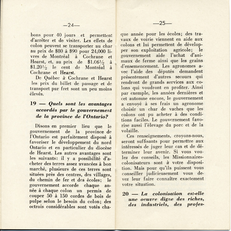 Reproduction de la vingt-quatri&egrave;me et de la vingt-cinqui&egrave;me page de D&eacute;couvrons le Nord-Ontario par le r&eacute;v&eacute;rend J. Payette pr&ecirc;tre, d&eacute;crivant les r&eacute;gions de Cochrane et de Hearst, d&eacute;cembre 1939.