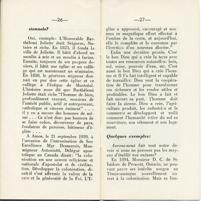 Reproduction de la vingt-sixi&egrave;me et de la vingt-septi&egrave;me page de D&eacute;couvrons le Nord-Ontario par le r&eacute;v&eacute;rend J. Payette pr&ecirc;tre, d&eacute;crivant les r&eacute;gions de Cochrane et de Hearst, d&eacute;cembre 1939.