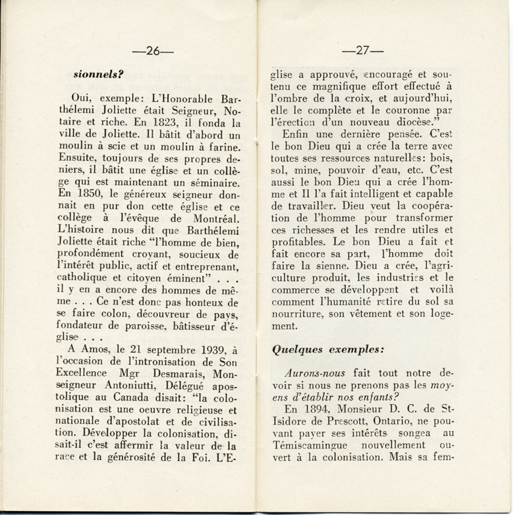 Reproduction de la vingt-sixi&egrave;me et de la vingt-septi&egrave;me page de D&eacute;couvrons le Nord-Ontario par le r&eacute;v&eacute;rend J. Payette pr&ecirc;tre, d&eacute;crivant les r&eacute;gions de Cochrane et de Hearst, d&eacute;cembre 1939.