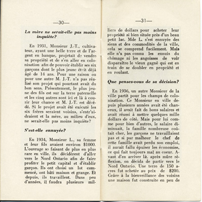 Reproduction de la trenti&egrave;me et de la trente et uni&egrave;me page de D&eacute;couvrons le Nord-Ontario par le r&eacute;v&eacute;rend J. Payette pr&ecirc;tre, d&eacute;crivant les r&eacute;gions de Cochrane et de Hearst, d&eacute;cembre 1939.
