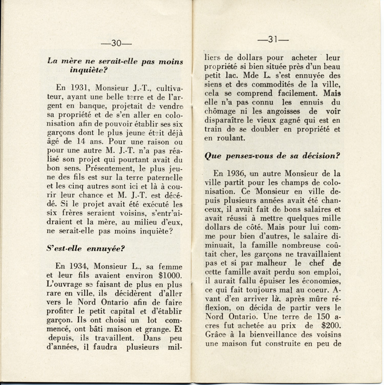 Reproduction de la trenti&egrave;me et de la trente et uni&egrave;me page de D&eacute;couvrons le Nord-Ontario par le r&eacute;v&eacute;rend J. Payette pr&ecirc;tre, d&eacute;crivant les r&eacute;gions de Cochrane et de Hearst, d&eacute;cembre 1939.
