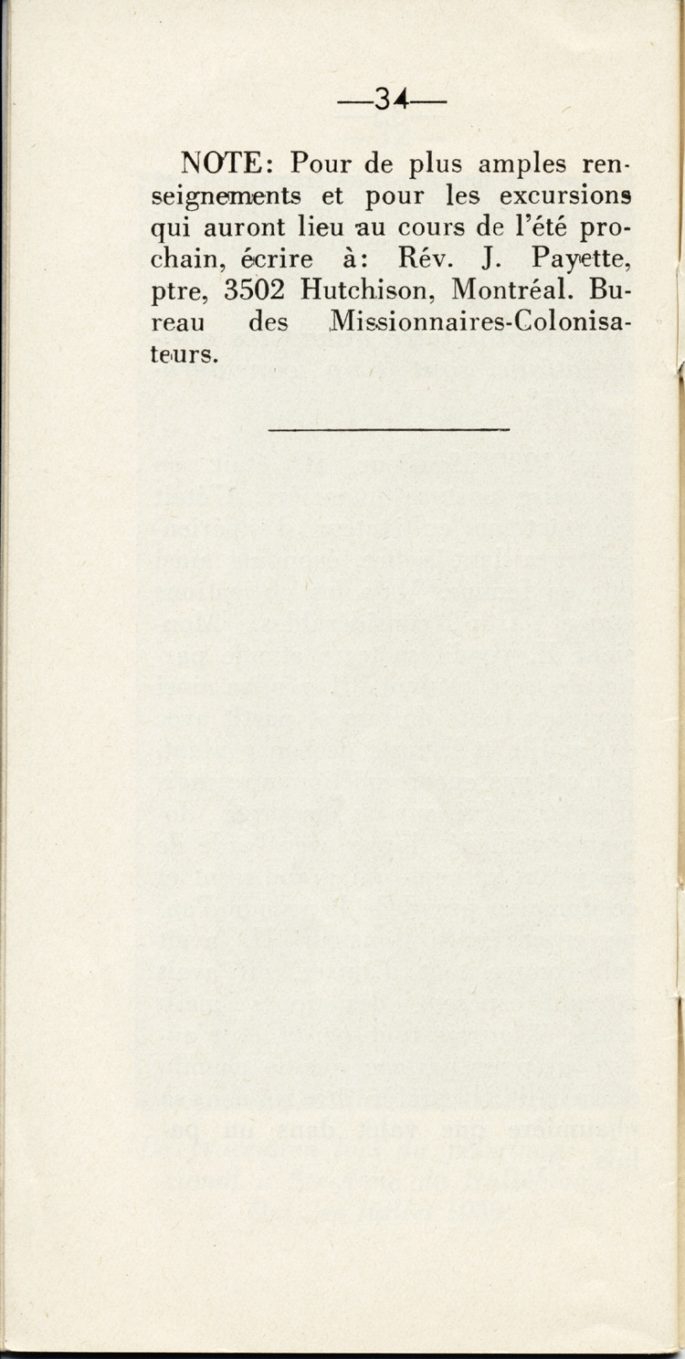 Reproduction de la trente-quatri&egrave;me page de D&eacute;couvrons le Nord-Ontario par le r&eacute;v&eacute;rend J. Payette pr&ecirc;tre, d&eacute;crivant les r&eacute;gions de Cochrane et de Hearst, d&eacute;cembre 1939.