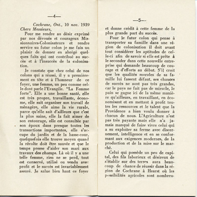 Reproduction de la quatri&egrave;me et de la cinqui&egrave;me page de D&eacute;couvrons le Nord-Ontario par le r&eacute;v&eacute;rend J. Payette pr&ecirc;tre, d&eacute;crivant les r&eacute;gions de Cochrane et de Hearst, d&eacute;cembre 1939.