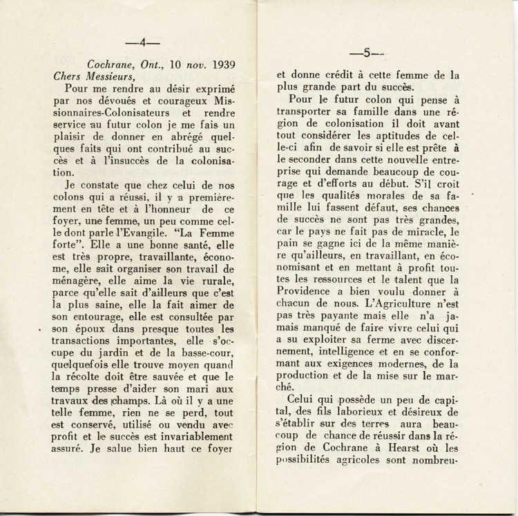 Reproduction de la quatri&egrave;me et de la cinqui&egrave;me page de D&eacute;couvrons le Nord-Ontario par le r&eacute;v&eacute;rend J. Payette pr&ecirc;tre, d&eacute;crivant les r&eacute;gions de Cochrane et de Hearst, d&eacute;cembre 1939.
