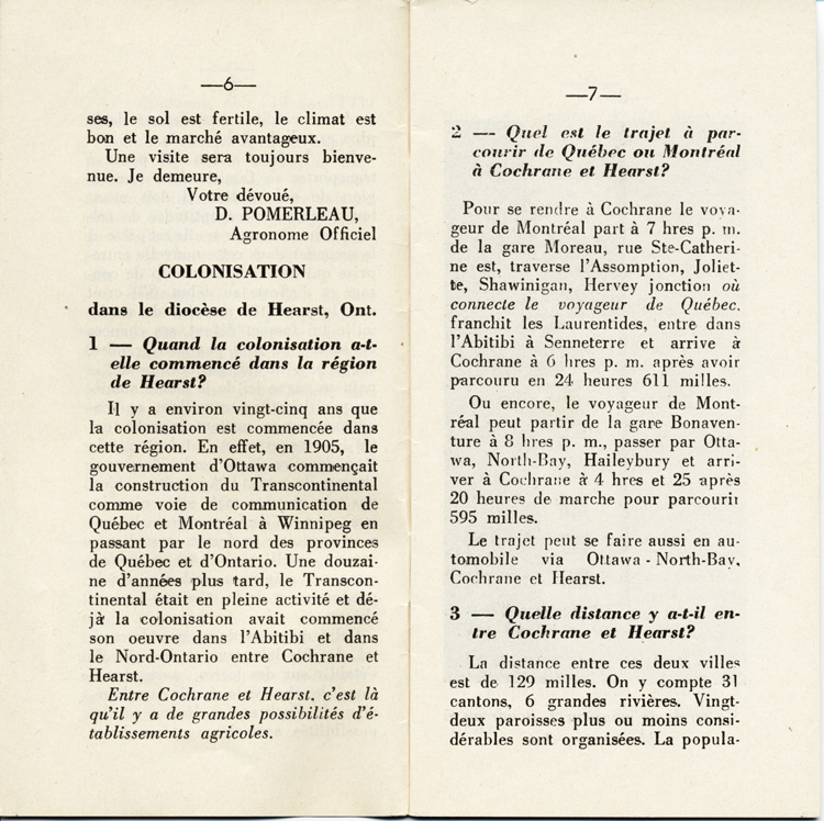 Reproduction de la sixi&egrave;me et de la septi&egrave;me page de D&eacute;couvrons le Nord-Ontario par le r&eacute;v&eacute;rend J. Payette pr&ecirc;tre, d&eacute;crivant les r&eacute;gions de Cochrane et de Hearst, d&eacute;cembre 1939.
