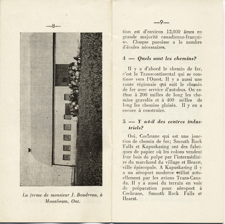Reproduction de la huiti&egrave;me et de la neuvi&egrave;me page de D&eacute;couvrons le Nord-Ontario par le r&eacute;v&eacute;rend J. Payette pr&ecirc;tre, d&eacute;crivant les r&eacute;gions de Cochrane et de Hearst, d&eacute;cembre 1939.