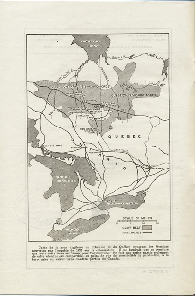 Reproduction de la deuxi&egrave;me page de Probl&egrave;mes de la colonisation agricole dans le Nord-Ouest du Qu&eacute;bec et le Nord-Est de l’Ontario par A. Gosselin et G.-P. Boucher comprenant une carte de la zone argileuse (Clay Belt) de l’Ontario et du Qu&eacute;bec, 1944. 