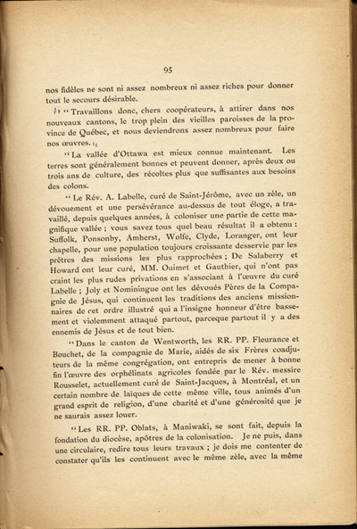 Reproduction de la quatre-vingt-quinzi&egrave;me page du deuxi&egrave;me tome de l’Histoire de la province eccl&eacute;siastique d’Ottawa et de la colonisation dans la vall&eacute;e de l’Ottawa par Alexis de Barbezieux, comprenant une extrait du mandement de Mgr Joseph-Thomas Duhamel, &eacute;v&ecirc;que d’Ottawa, annon&ccedil;ant la fondation de la Soci&eacute;t&eacute; de colonisation du dioc&egrave;se d’Ottawa de colonisation, 4 mai 1884, 1897.