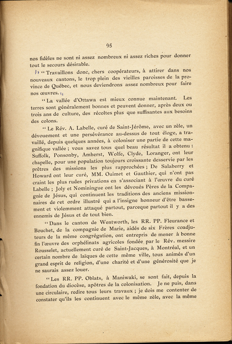 Reproduction de la quatre-vingt-quinzi&egrave;me page du deuxi&egrave;me tome de l’Histoire de la province eccl&eacute;siastique d’Ottawa et de la colonisation dans la vall&eacute;e de l’Ottawa par Alexis de Barbezieux, comprenant une extrait du mandement de Mgr Joseph-Thomas Duhamel, &eacute;v&ecirc;que d’Ottawa, annon&ccedil;ant la fondation de la Soci&eacute;t&eacute; de colonisation du dioc&egrave;se d’Ottawa de colonisation, 4 mai 1884, 1897.