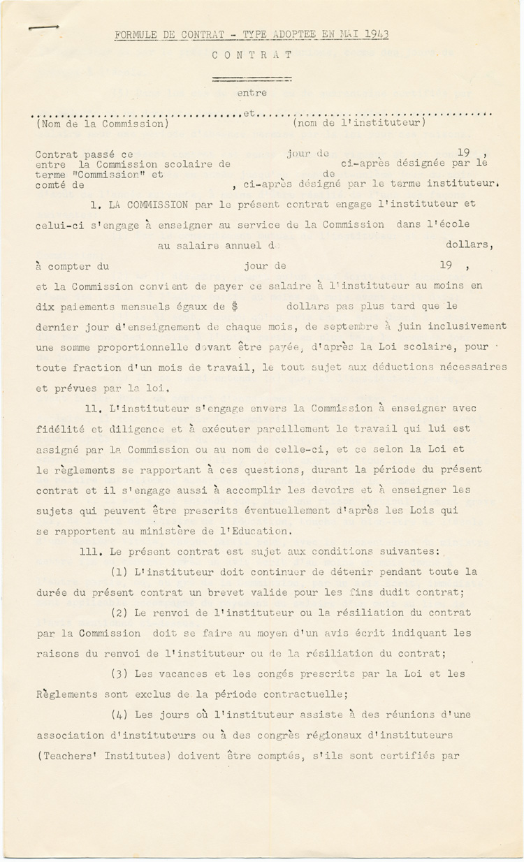 Reproduction de la premi&egrave;re page du formulaire de contrat-type entre la commission scolaire et l’instituteur, adopt&eacute; en mai 1943 par l’Association des commissaires des &eacute;coles bilingues de l’Ontario (ACEBO), 1943.