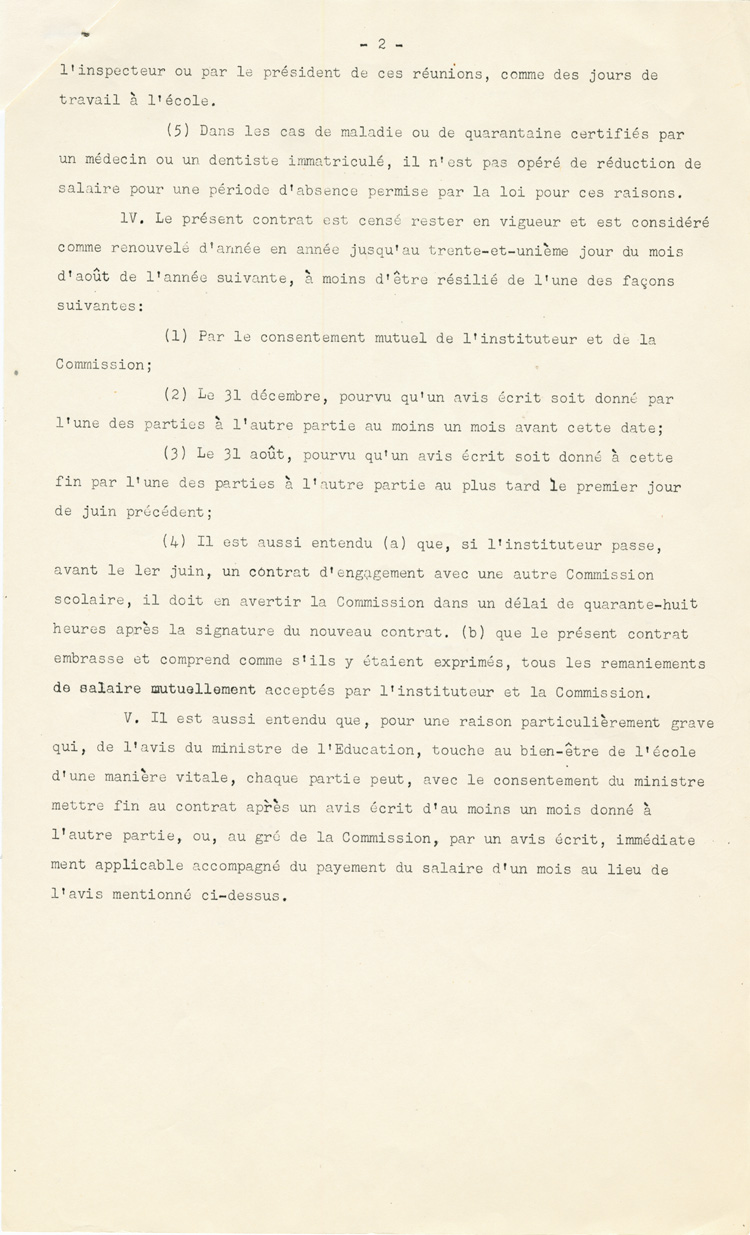 Reproduction de la deuxi&egrave;me page du formulaire de contrat-type entre la commission scolaire et l’instituteur, adopt&eacute; en mai 1943 par l’Association des commissaires des &eacute;coles bilingues de l’Ontario (ACEBO), 1943.