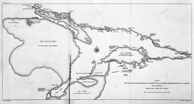 Reproduction d’une copie de la carte des Grands Lacs, dress&eacute;e en 1670 par le sulpicien Ren&eacute; de Br&eacute;hant de Galin&eacute;e, 1866.