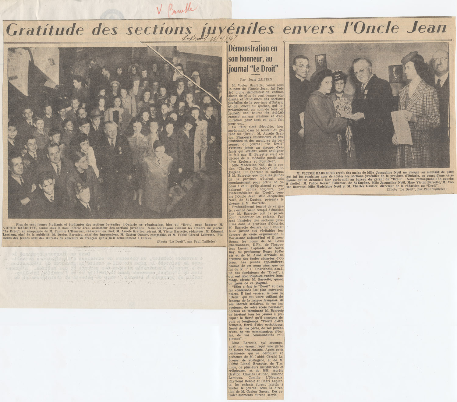 Reproduction d’un article de Jean Lupien intitul&eacute;, Gratitude des sections juv&eacute;niles envers l’Oncle Jean. D&eacute;monstration en son honneur, au journal Le Droit, et paru dans Le Droit, 11 avril 1947.