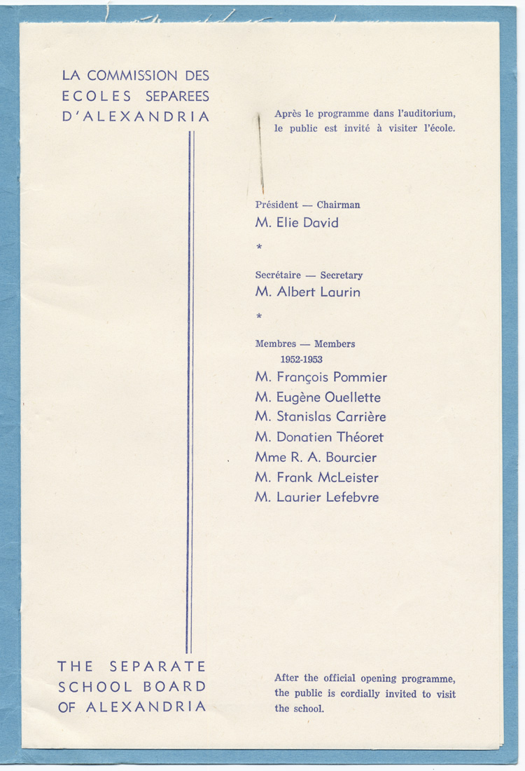 Reproduction de la premi&egrave;re page du programme de la b&eacute;n&eacute;diction et de l’inauguration de l’&eacute;cole Notre-Dame du Perp&eacute;tuel-Secours d’Alexandria (Ontario), le 13 juin 1954, 1954.
