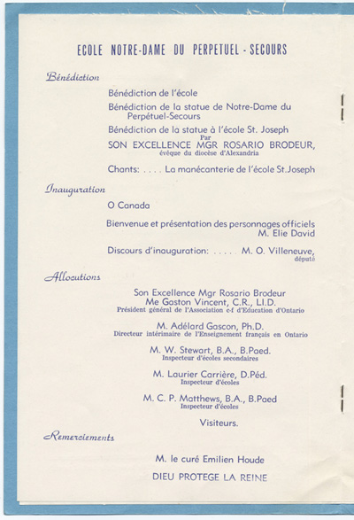 Reproduction de la deuxi&egrave;me page du programme de la b&eacute;n&eacute;diction et de l’inauguration de l’&eacute;cole Notre-Dame du Perp&eacute;tuel-Secours d’Alexandria (Ontario), le 13 juin 1954, 1954.