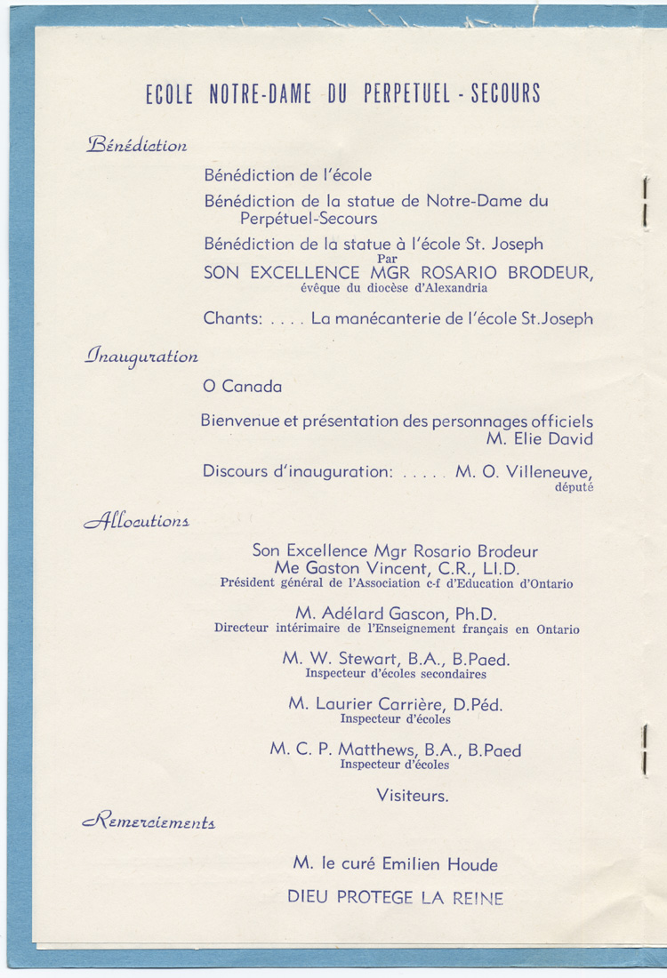 Reproduction de la deuxi&egrave;me page du programme de la b&eacute;n&eacute;diction et de l’inauguration de l’&eacute;cole Notre-Dame du Perp&eacute;tuel-Secours d’Alexandria (Ontario), le 13 juin 1954, 1954.