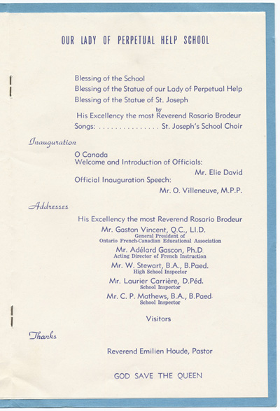 Reproduction de la quatri&egrave;me page du programme de la b&eacute;n&eacute;diction et de l’inauguration de l’&eacute;cole Notre-Dame du Perp&eacute;tuel-Secours d’Alexandria (Ontario), le 13 juin 1954, 1954.