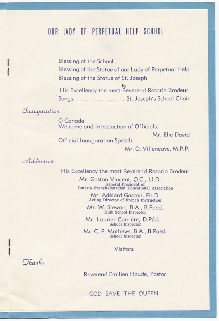 Reproduction de la quatri&egrave;me page du programme de la b&eacute;n&eacute;diction et de l’inauguration de l’&eacute;cole Notre-Dame du Perp&eacute;tuel-Secours d’Alexandria (Ontario), le 13 juin 1954, 1954.
