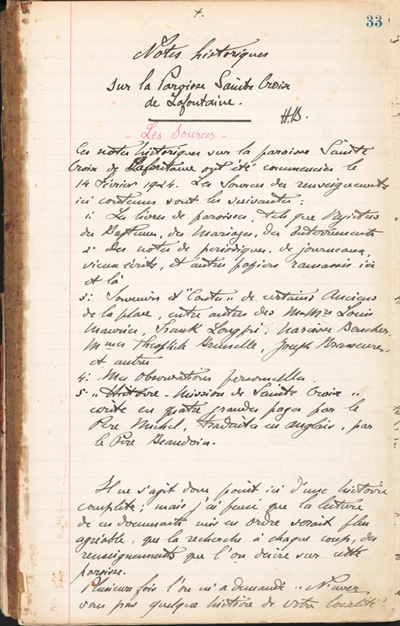 Reproduction de la premi&egrave;re page des Notes historiques sur la paroisse Sainte-Croix de Lafontaine par le p&egrave;re Henri Brunet, cur&eacute; de la paroisse, 1924-1936.